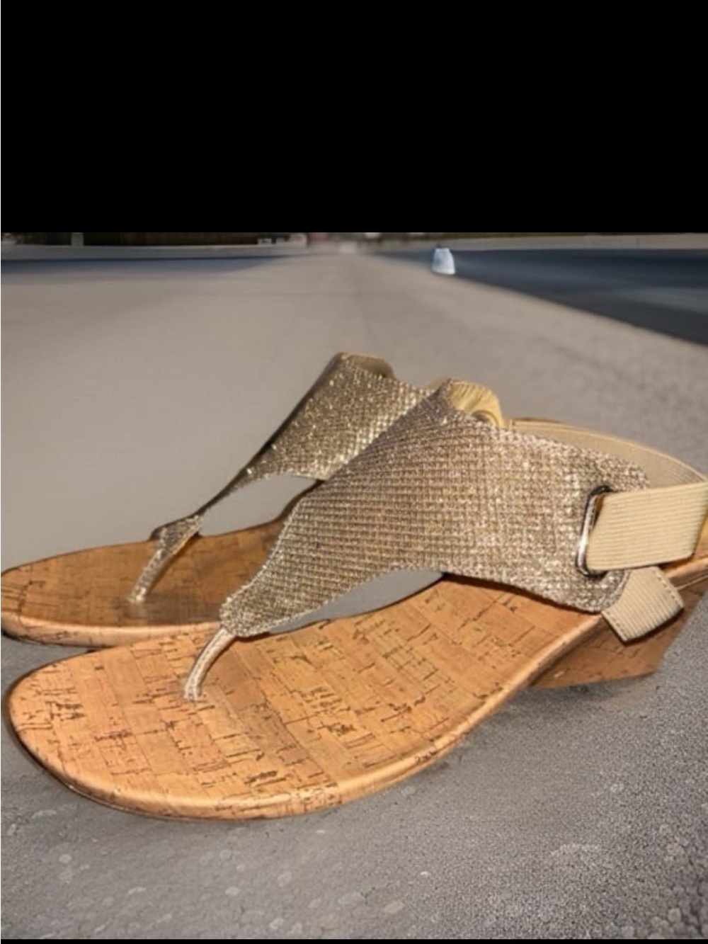 St. John's Bay wedge sandals feature a sparkly glitter finish,, Women’s size 8.5